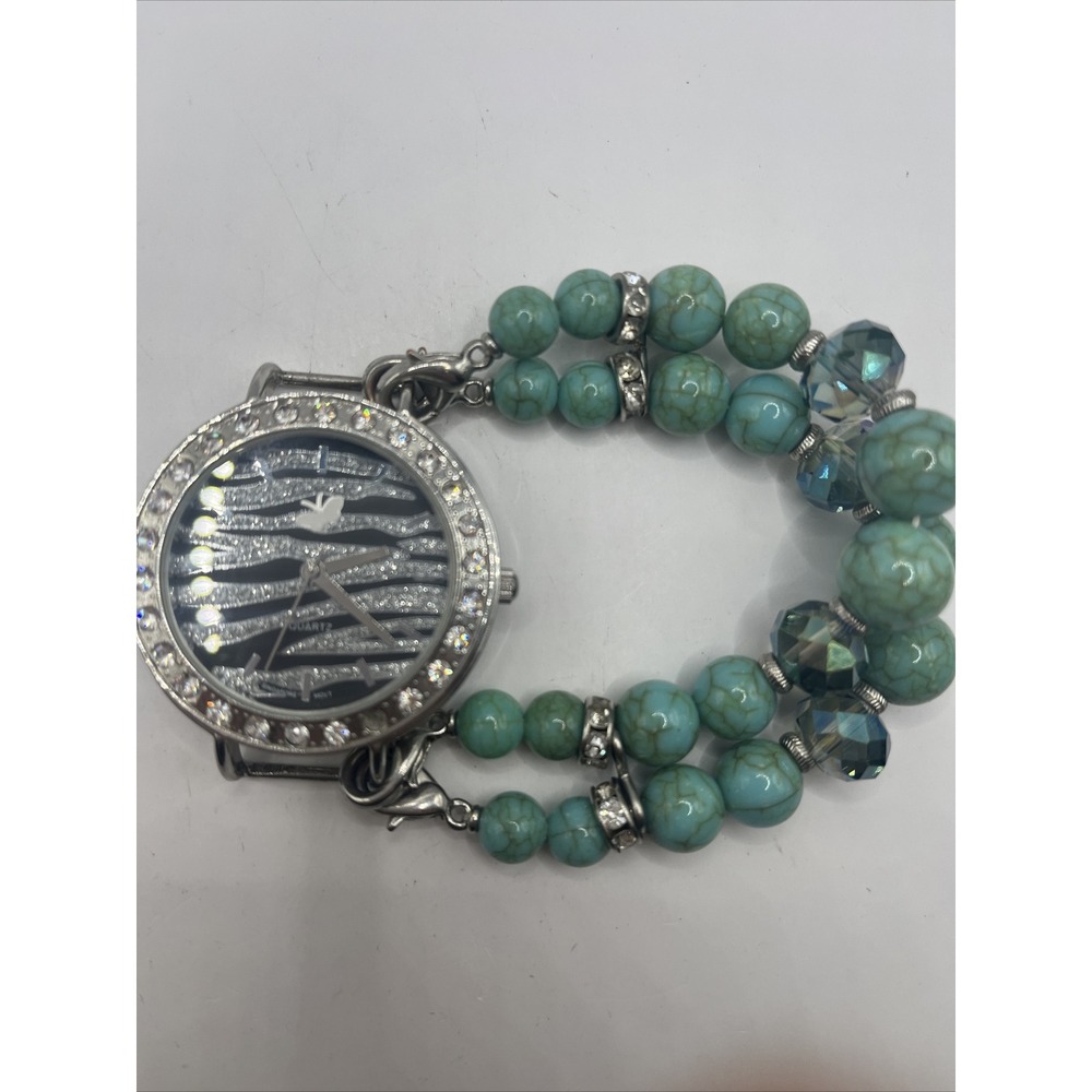 Women's Quartz Watch Turquoise Colored Beaded Band- New Battery